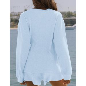 Womens Waffle Knit <b>Lounge</b> Set 2 Piece Oversized Long Sleeve Sweatshirt High Waisted Shorts Autumn Casual Matching Outfit - Product Image 3