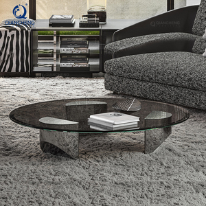 Mesita de centro de lujo de acero inoxidable, mesa de centro de latón templado de cristal negro - Product Image 1