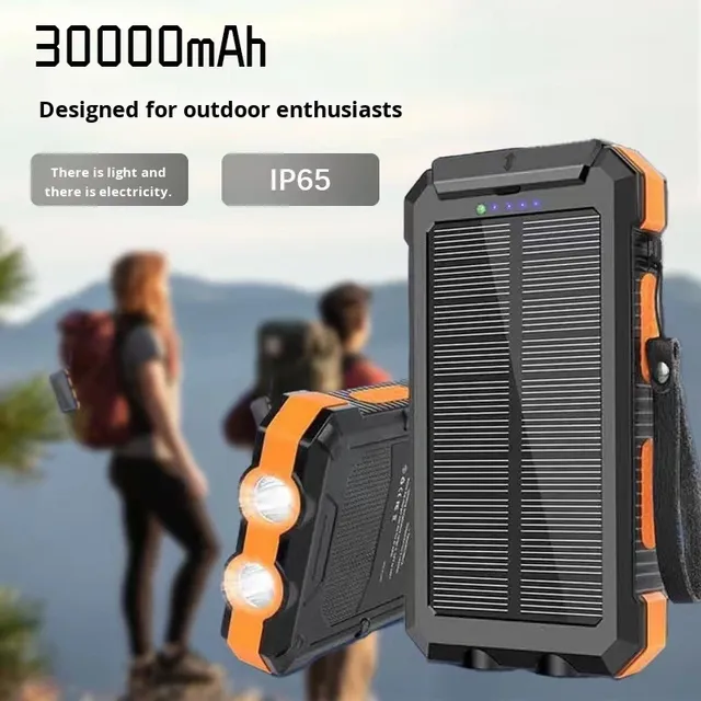 New Cross-Border Outdoor IP65 Waterproof Solar Power Bank 30000mAh with QC2.0 Camping Light & Portable Charger