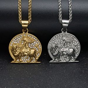 Collar con colgante <span class=keywords><strong>de</strong></span> Leones guerreros para mujer, cadena <span class=keywords><strong>de</strong></span> <span class=keywords><strong>acero</strong></span> chapada <span class=keywords><strong>en</strong></span> Templarios con cabeza <span class=keywords><strong>de</strong></span> león dorado helado para regalos - Product Image 1