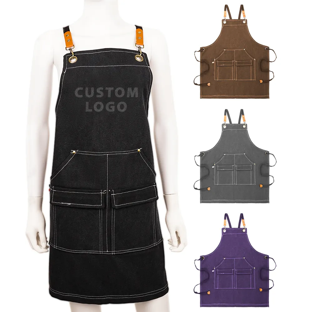 Cotton canvas waterproof oilproof household kitchen garden work commercial denim thanksgiving apron With Pocket