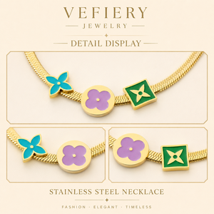 Collier tendance pour femme en acier inoxydable plaqué or avec trois breloques colorées et chaîne serpent - Product Image 3