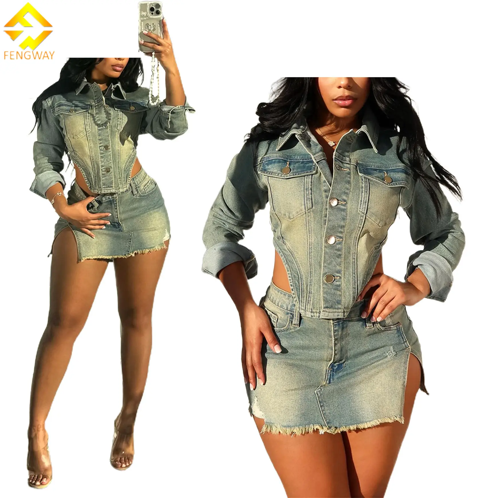 Gespalteter Rock und sexy langärmelige Jean Jackette zweiteiliges Set 2024 Frühjahr Damenbekleidung Denim Stretchy Jacket Set Damen Denim