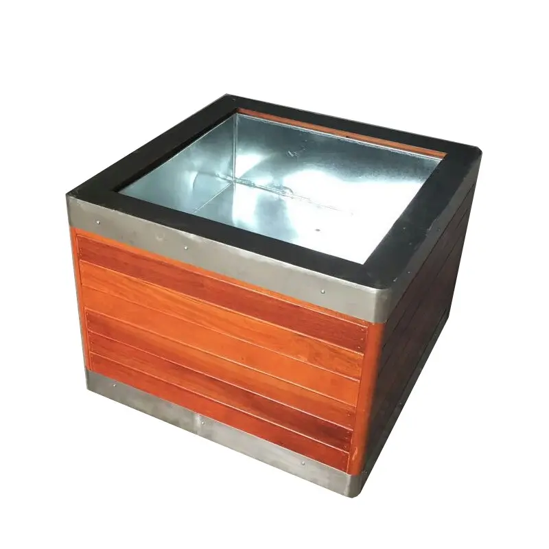 Outdoor metal cube planter stainless steel frame wood flower pot box