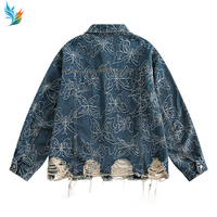 Veste en jean brodée oversize pour homme, ourlet déchiré, patchwork, streetwear, coupe décontractée, boutonnée, pour le quotidien