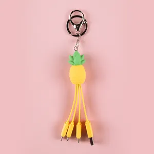 Custom 3in1 charger cable Supermarket products shape 4in1 type-c mirco Pineapple usb 8pin multi function keychain