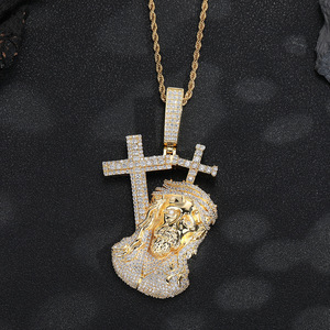 Collier Pendentif Tête de Jésus <span class=keywords><strong>Croix</strong></span> Bling CZ Iced Out Style Hip Hop Vintage Bijoux Religieux Chrétiens pour Hommes - Product Image 1