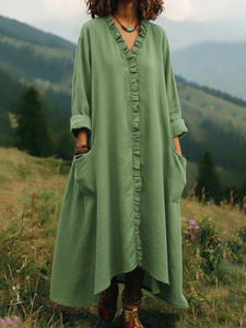 Vestido de mujer de algodón de color liso, holgado, a la moda, para primavera y verano 2026, estilo europeo y americano, con orejeras. - Product Image 3