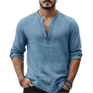 Camisa de Lino Boho para Hombre, Cuello Mao, Botones de Cuerno, Teñido Liso, Transpirable, Casual, Manga Larga, Estilo Urbano, Ajuste Holgado, Regalo de Verano para Él - Product Image 1
