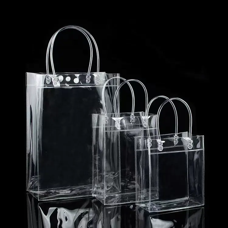 Clear transparent pvc shopping bags packing bag for gift and promotional with handle and button