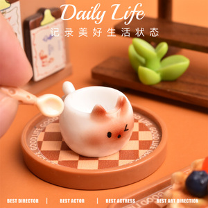 Ensemble de jeu de scène miniature tasse à thé chat simulée, accessoires en résine DIY, jouets de décoration pour maison de poupée - Product Image 3