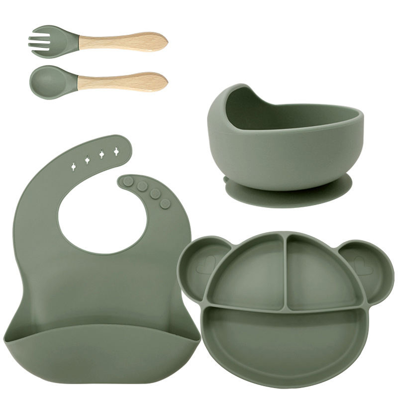 Army Green [bib+plate+bowl+spork with wooden handle]