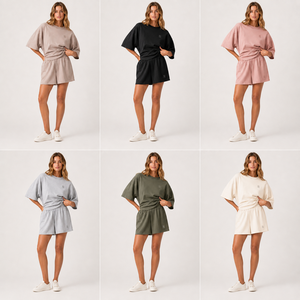 Ensemble décontracté pour femme en mélange de coton OEKO-TEX, t-shirt oversize et short, fabrication OEM, faible MOQ, vente en gros - Product Image 2