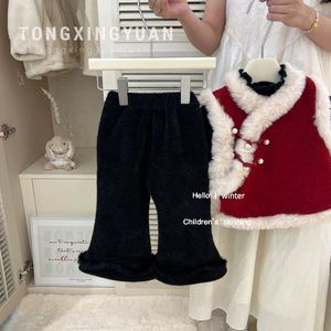 Tongxingyuan Girls Traditional Chinese Vest Set Red Fleece Lined Autumn Winter Outfit Slightly Flared Pants New Year Style - Product Image 2