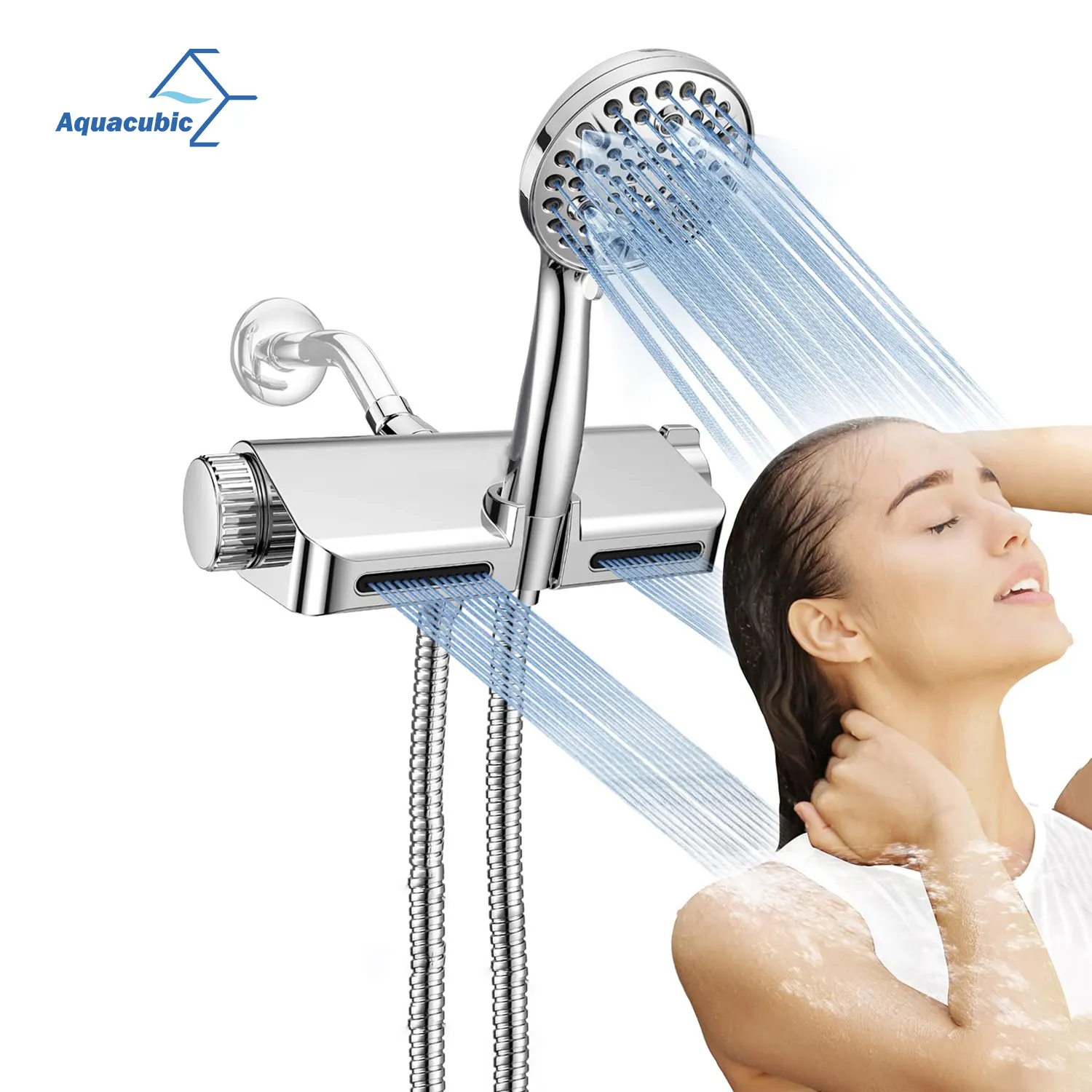 Aquacubic Modern 10 Functions Chrome Handheled Shower Spraying Set with Filter and Diverter