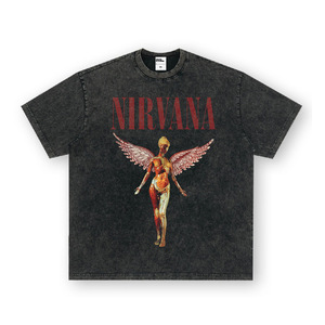 T-shirt a maniche corte in puro cotone pesante, lavata, con stampa trendy, stile rock americano vintage, per il commercio transfrontaliero - Product Image 4