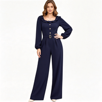 Mono elegante personalizado OEM para mujer con volantes, cuello cuadrado, manga farol, cinturón y pierna ancha, ideal para oficina, negocios, uso diario o fiestas.
