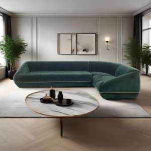 ミッドセンチュリーモダングリーンベルベット湾曲ソファセットホテルとアパート用ゴールドトリム断面ソファ - Product Image 1