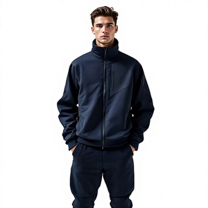Ensemble de survêtement noir uni pour homme, coupe-vent, col montant, veste zippée et pantalon, tenue sportive d'automne, ensemble décontracté long - Product Image 5