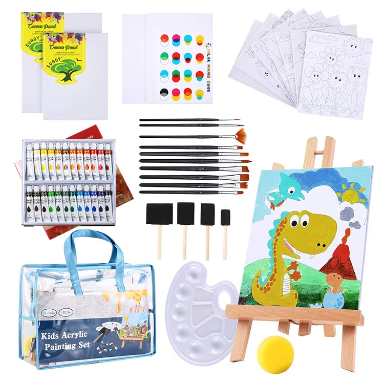 Set di vernice per bambini 55 pezzi su tela in acrilico desktop desktop pennello e impermeabile di arte della copertura, palette rifornimenti di arte kit