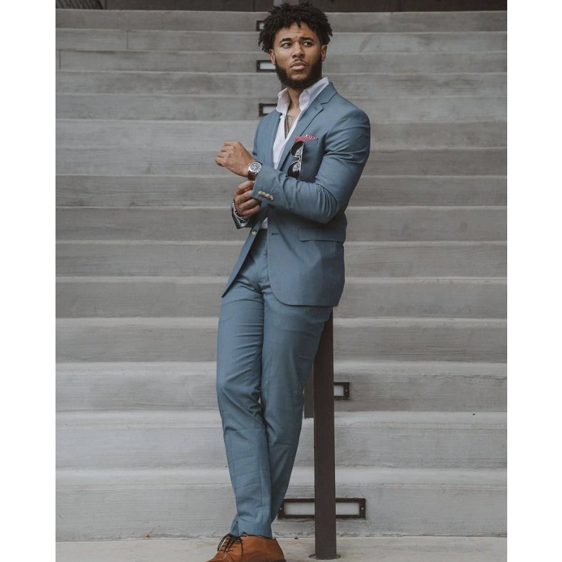 Dusty Blue Slim Fit Men's Tuxedo Polyester/rayon Anti-shrink Zipper Fly Regular Length Single Breasted Notched Collar Wedding Business Suit 2 Pieces
