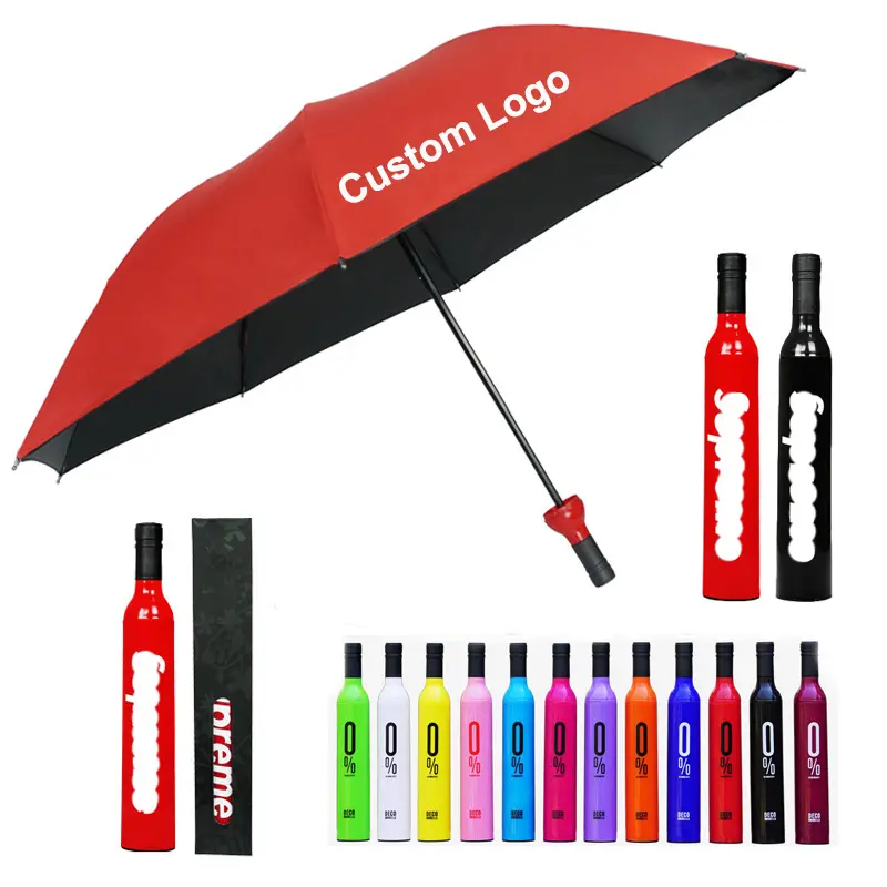 Cadeaux promotionnels en gros publicité bière vin bouteille d'eau forme pluie parapluies pliants avec Logo personnalisé