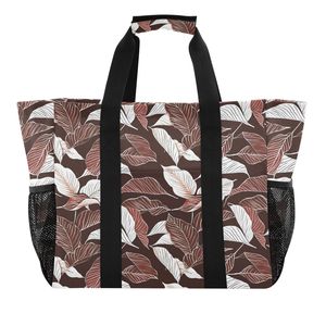Wholesale Brown Leaf <b>Print</b> <b>Large</b> Foldable Shopping Bag Custom Logo Beach Travel Reusable Grocery Tote With Mesh Side Pockets - Product Image 4