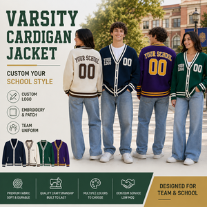 Custom Varsity <b>Cardigan</b> V-Neck Button Front College Jacket Embroidery Patch Contrast Rib Knit School <b>Men</b> Sweater - Product Image 1