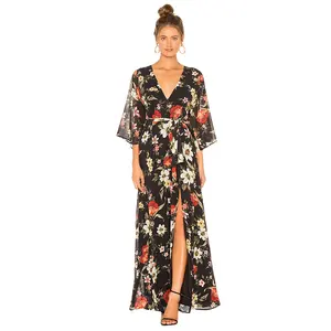 Três quartos manga preta chiffon georgette floral envoltório maxi vestidos kimono