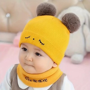 <span class=keywords><strong>Bonnet</strong></span> à <span class=keywords><strong>pompon</strong></span> chaud pour bébé garçon et fille, <span class=keywords><strong>bonnet</strong></span> tricoté pour nouveau-né mignon avec broderie de dessins animés, ensemble de chapeaux et d'écharpes - Product Image 3