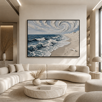 Tableau mural encadré style impasto, Paysage marin bleu-gris atmosphérique avec vagues océaniques, pour Hôtel en bord de mer, Magasin de surf et Café