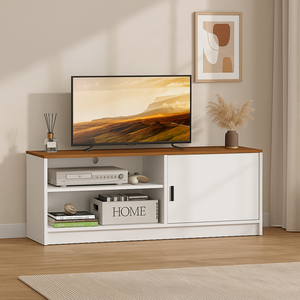 Corps de meuble TV blanc propre minimaliste écologique Support de téléviseur en noyer chaud Étagères ouvertes Porte coulissante pour le salon - Product Image 1
