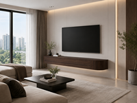 Mueble de TV Curvo de Nogal Texturizado Estilo Japandi, Montado en la Pared, con Luz LED, Consola Multimedia, Unidad de Entretenimiento, Decoración para el Hogar, Directo de Fábrica