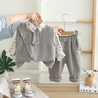 Ensemble de vêtements formels pour bébé garçon, printemps-automne, chemise à cravate imprimée, gilet, pantalon, vêtements pour tout-petits pas chers