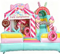 Structure gonflable commerciale combinée bonbons et donuts avec toboggan pour location événementielle, anniversaires et fêtes 4x4M