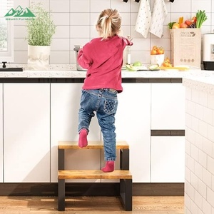 Tabouret moderne Wayon à deux niveaux en bois brun avec structure en métal noir pour salon, chambre et cuisine - Product Image 3