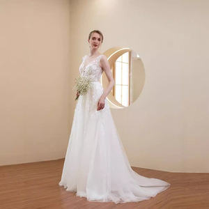 Lace V-Neck A-Line Wedding Dress White Natural Waist Backless Simple Outdoor Lawn Style - Product Image 4