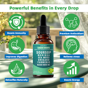 OEM 10 en 1 Gouttes liquides amères de corossol avec algues marines, huile de nigelle, complément alimentaire à base de plantes pour le soutien immunitaire et antioxydant des adultes - Product Image 5