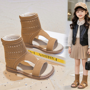 Meisjes Romeinse sandalen 2026 zomer nieuwe mode open teen zachte zool antislip holle kindersandalen hoge schacht klittenbandsluiting ademend - Product Image 2