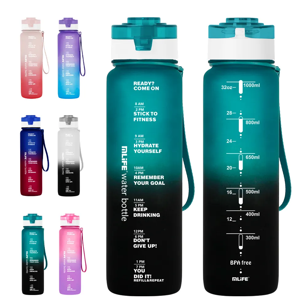 Bottiglia d'acqua sportiva in tritan portatile da 1000ml più venduta con parole motivazionali e indicatore del tempo