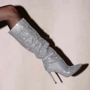 New Autumn/Winter Slip-On Breathable Pointed Toe Luxury High Heel Rhinestone Knee-High Boots with Height Increasing - Product Image 1