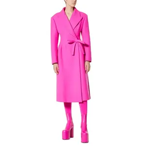 เสื้อโค้ทแขนยาวประดับโบว์สำหรับผู้หญิง,เสื้อโค้ทผ้าวูลสีชมพูบานเย็นความยาวคลุมเข่า