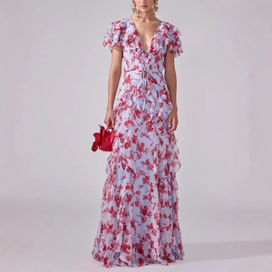 Vestido de Noche de Gasa con Estampado Floral y Hombros Descubiertos, Cintura Imperio, Capa Transparente Larga, Vestido Formal para Mujer - Product Image 2