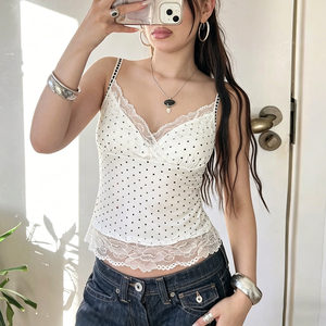 Top de Tirantes Finos para Mujer, Sexy, de Punto, con Encaje, Estampado de Puntos, sin Mangas, con Espalda Descubierta, Ecológico - Product Image 3