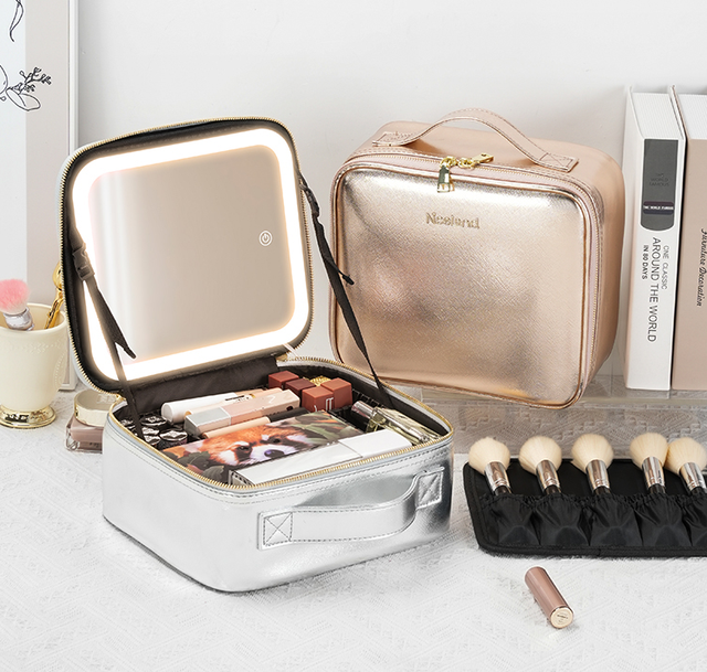 Makeup Train Case Lights 3 Color Adjustable Brightness with Mirror and Rechargeable Cosmetic Case Large Makeup Bag
