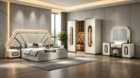 Ensemble de chambre à coucher moderne de luxe modulaire de taille king-size en bois massif argenté, avec un lit double rembourré blanc personnalisé KEHUI