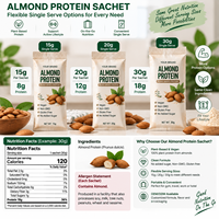 Protéine d'Amande en Sachet Individuel 30g – Poudre Protéinée Végétale Végane pour la Salle de Sport, l'Hôtel, les Voyages – Pour Propriétaires de Marques et Distributeurs