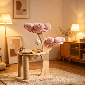 Grand <span class=keywords><strong>arbre</strong></span> à <span class=keywords><strong>chat</strong></span> en bois avec espace lounge central encastré, deux plateformes florales et griffoir intégré pour l'enrichissement des chats d'intérieur - Product Image 1