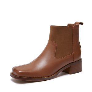 Stivaletti da Donna in Vera Pelle di Vitello, Punta Quadrata, Tacco Grosso, Slip-On, Colore Beige, Vendita all'Ingrosso - Product Image 2