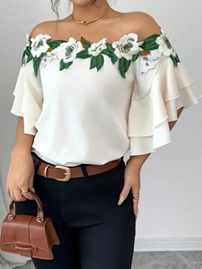 <span class=keywords><strong>Blusa</strong></span> con Bordado Floral, Hombros Descubiertos, Mangas con Volantes, Elegante, para <span class=keywords><strong>Fiesta</strong></span>, <span class=keywords><strong>Blusa</strong></span> <span class=keywords><strong>Blanca</strong></span> Informal para <span class=keywords><strong>Mujer</strong></span> - Product Image 2